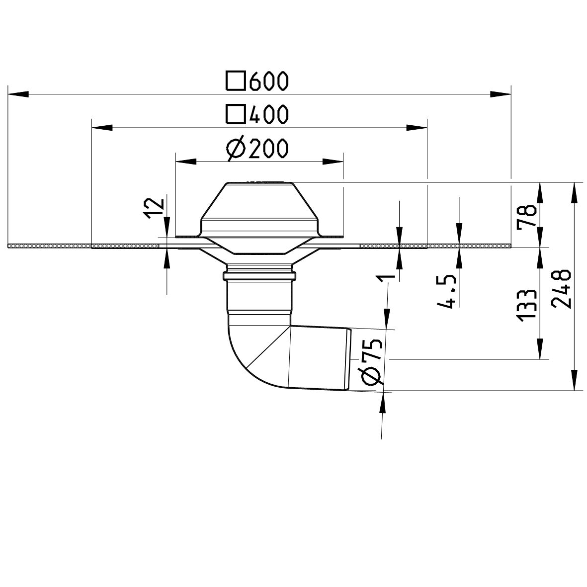 Line drawing of a drain from the series Drain for siphonic-bitumen collar.
